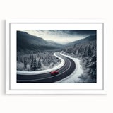 Framed wall art featuring a scenic landscape with winding roads, presented in a sleek white mat and frame, perfect for enhancing home decor.
