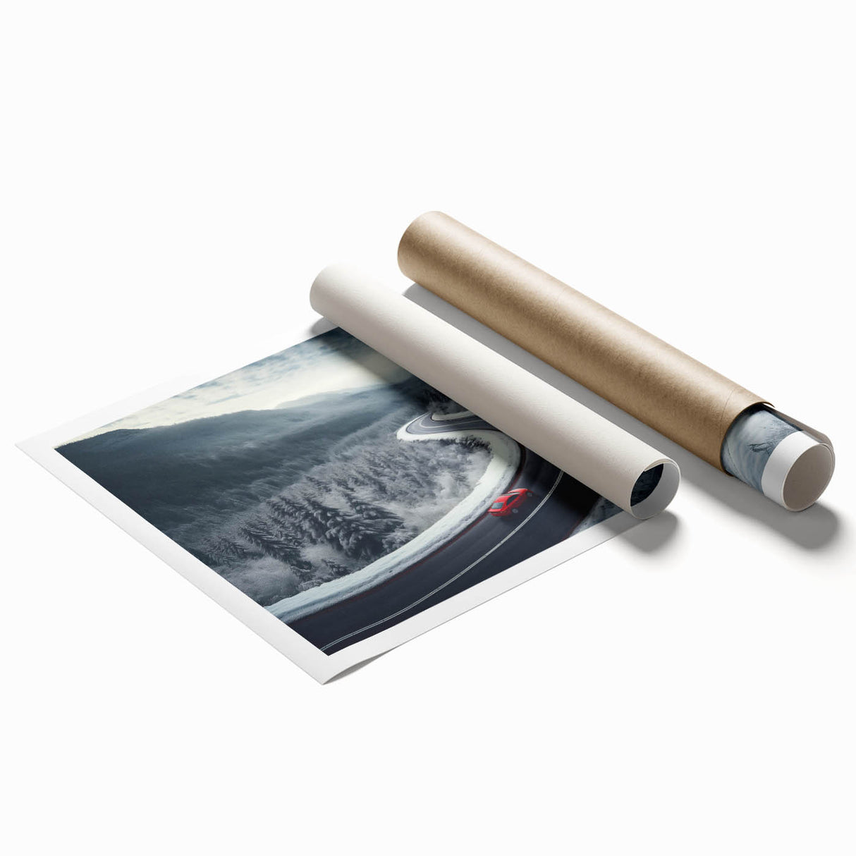 Rolled print showcasing a vibrant landscape road design with rich colors, ideal for modern decor, packaged securely in a protective tube for easy shipping.