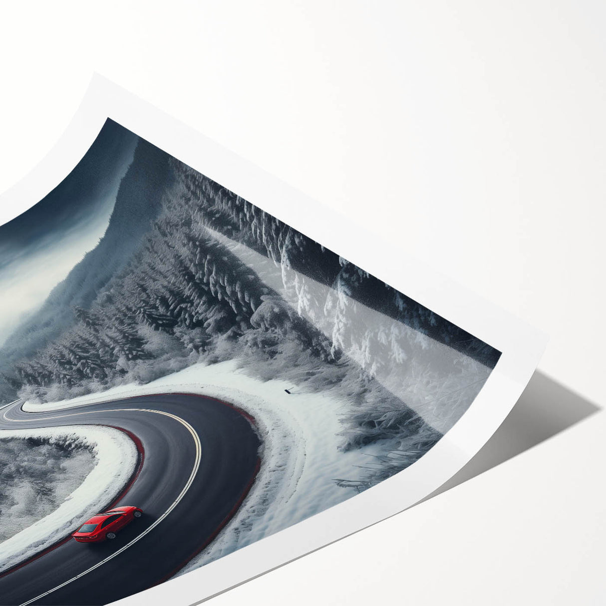 Vibrant rolled print showcasing a scenic landscape with winding roads, ideal for home decor. Features rich colors and intricate details, perfect for enhancing any space.