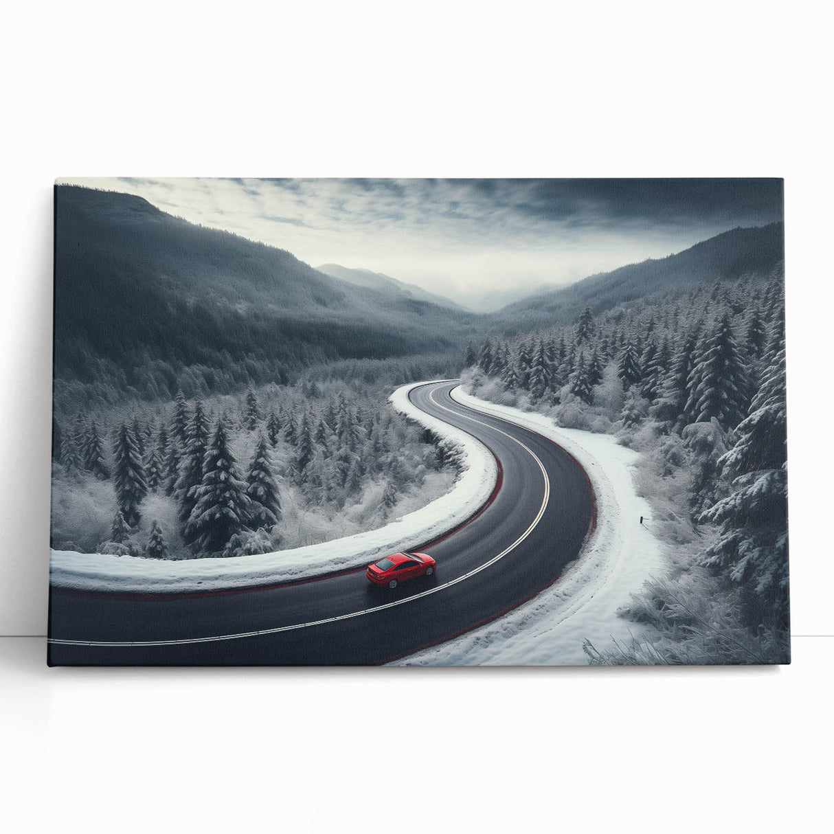 Stretched canvas artwork showcasing a vibrant landscape road design, leaning against a textured wall, perfect for modern home decor with earthy tones.