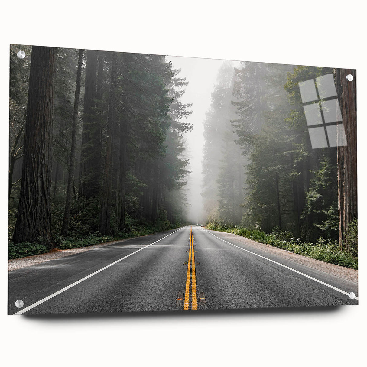Acrylic glass wall art depicting a vibrant landscape road design, featuring rich colors and intricate details, elegantly displayed with stylish pins for modern decor.