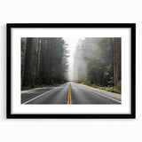 Framed wall art featuring a black landscape road design with a mat, set against a sleek black frame, perfect for modern home decor and interior design aesthetics.