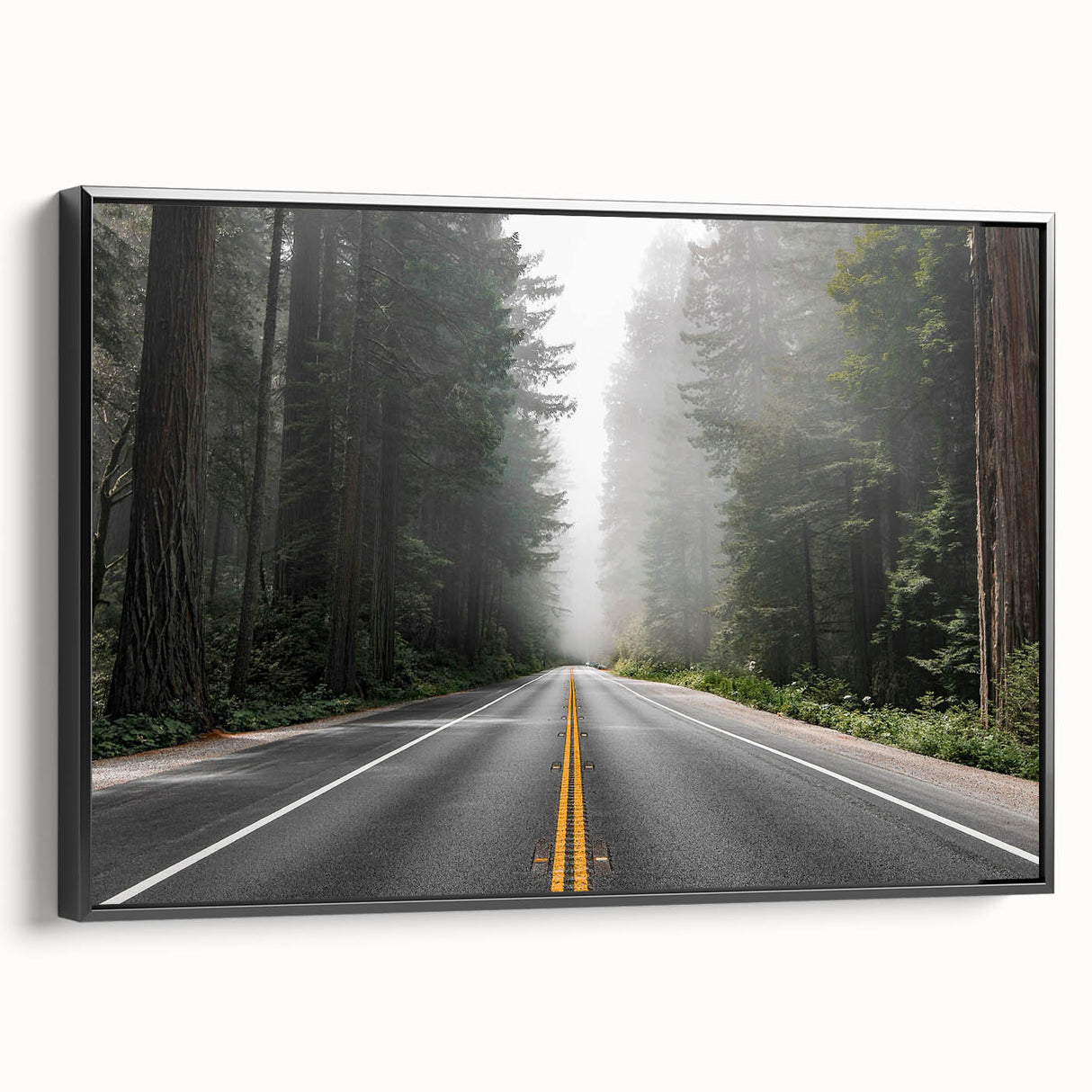 Framed canvas wall art showcasing a contemporary landscape design with winding roads, featuring a sleek black frame that enhances the vibrant colors and details of the scene. Perfect for modern home decor.