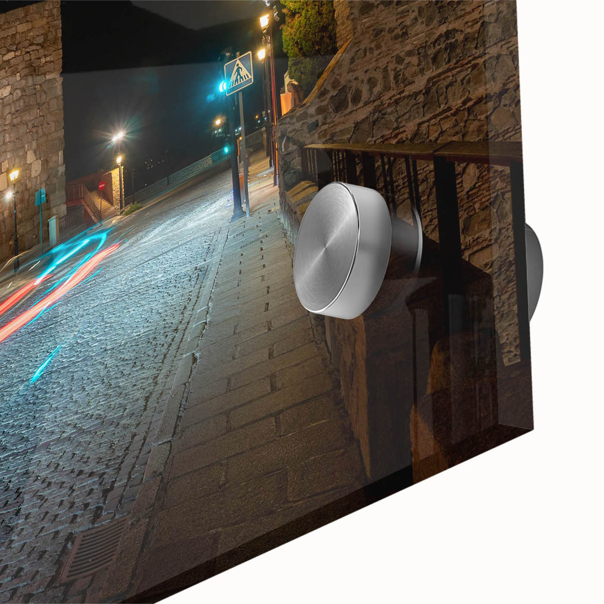 Close-up of a vibrant acrylic glass wall art piece depicting abstract landscapes and roads, showcasing rich colors and intricate details, perfect for modern home decor.