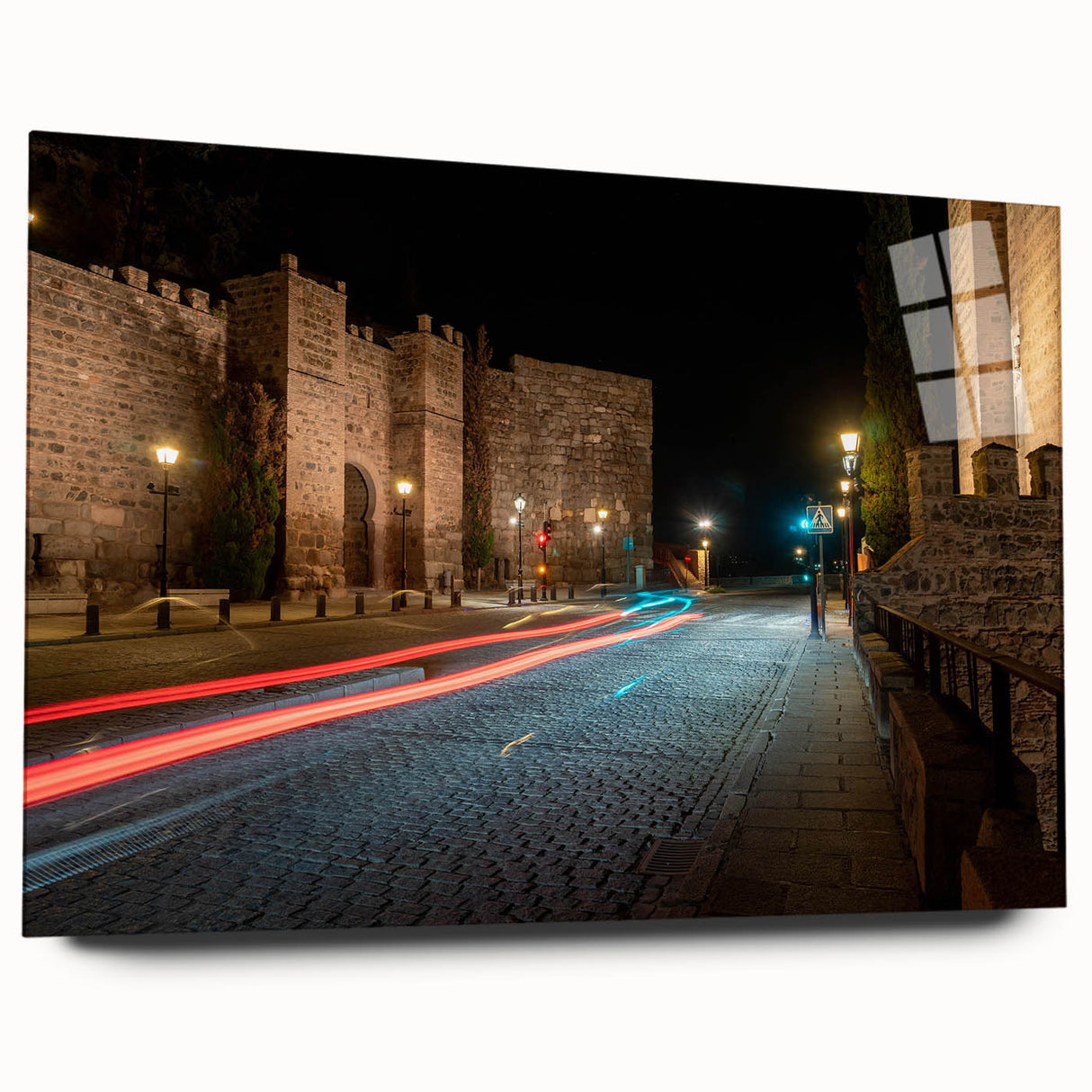 Side view of a modern acrylic glass wall art piece showcasing a vibrant landscape with winding roads, designed for contemporary home decor, emphasizing depth and color.