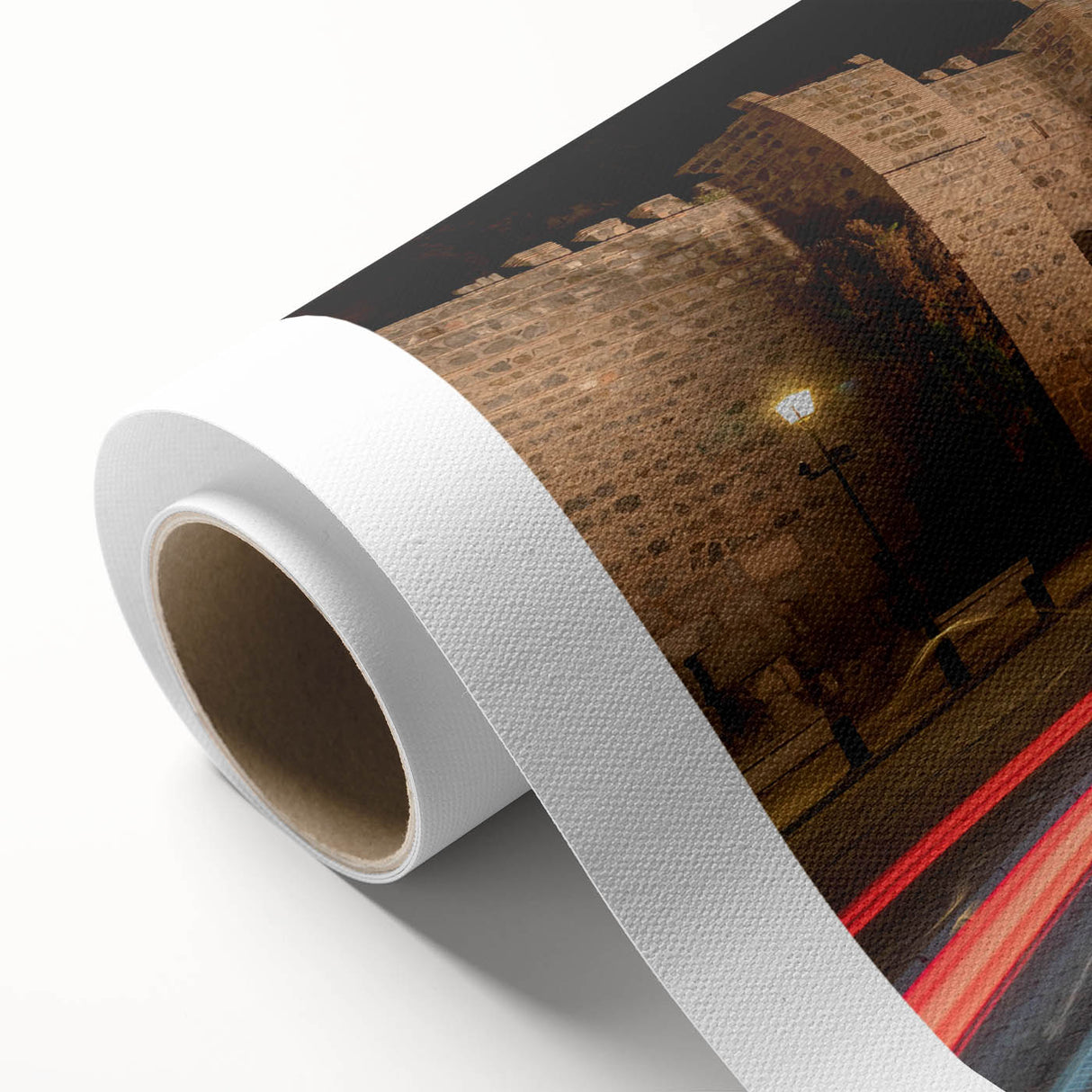 Rolled canvas showcasing a serene landscape road design, featuring vibrant colors and intricate details, perfect for modern home decor and enhancing interior aesthetics.