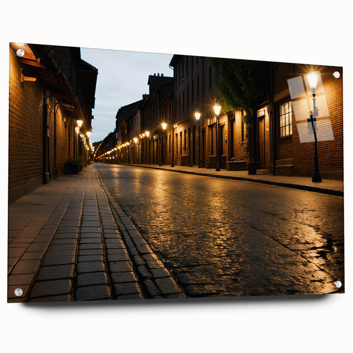 Acrylic glass wall art featuring a scenic landscape design with winding roads and vibrant colors, displayed in a stylish side view with mounting pins for easy hanging. Perfect for modern home decor, this piece enhances any living space with its artistic appeal.