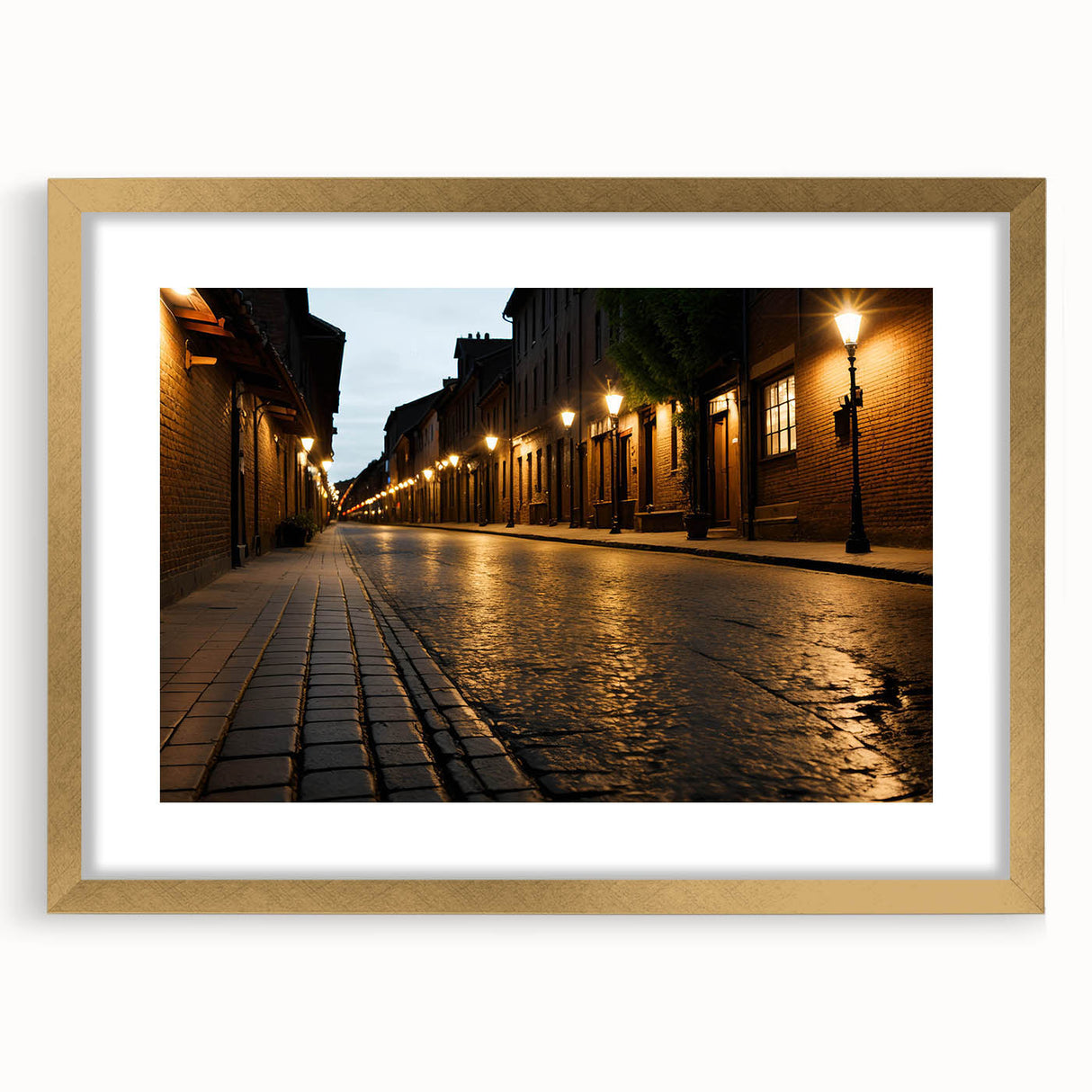 Gold-framed wall art featuring a scenic landscape and road design, elegantly matted for enhanced presentation, perfect for home decor and interior design enthusiasts.