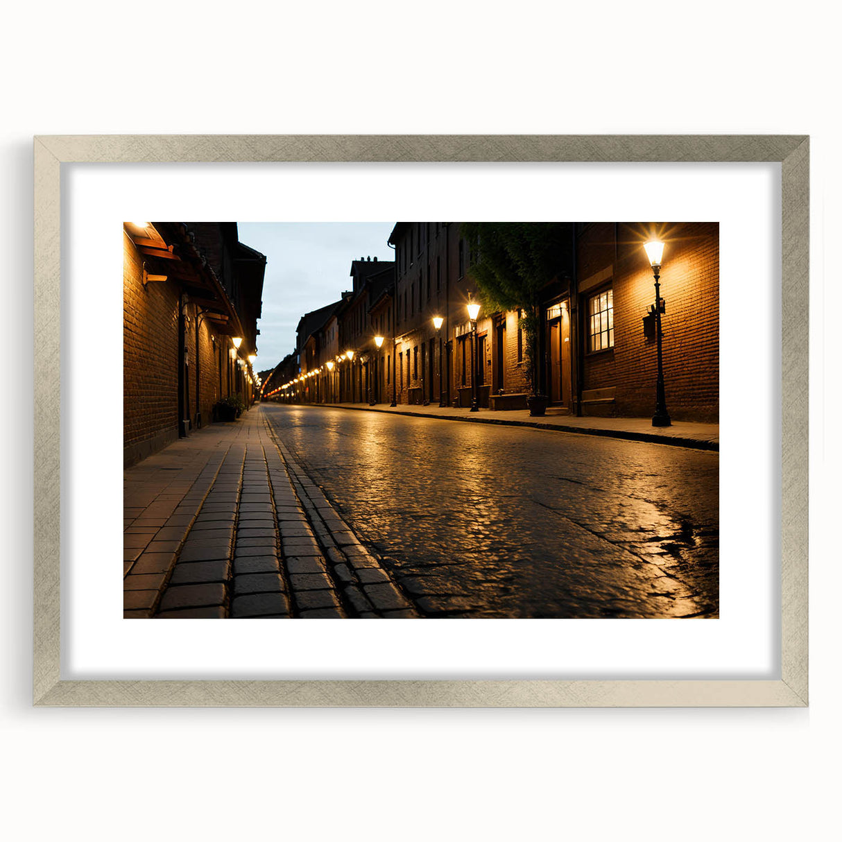 Framed landscape wall art featuring a serene road scene, elegantly designed with a silver mat, perfect for enhancing home decor and creating a calming atmosphere.