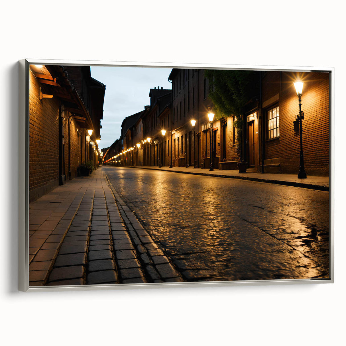 Framed canvas wall art showcasing a serene landscape with winding roads, enhanced by a sleek silver frame, perfect for modern home decor.