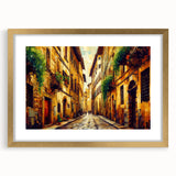 Framed gold wall art featuring a scenic landscape design with a road, complemented by a white mat, perfect for home decor. Ideal for creating a calming atmosphere in living spaces.