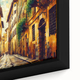 Close-up of a framed canvas wall art piece showcasing a serene landscape design, featuring winding roads and lush greenery, perfect for home decor enhancement.