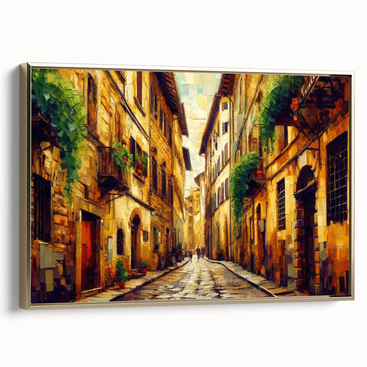 Framed canvas wall art showcasing a stunning landscape road design with gold accents, perfect for modern decor. The piece captures a serene journey, enhancing any space.