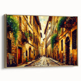 Framed canvas wall art showcasing a stunning landscape road design with gold accents, perfect for modern decor. The piece captures a serene journey, enhancing any space.