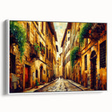 Framed canvas wall art showcasing a serene landscape with winding roads and lush greenery, presented in a sleek white frame, ideal for home decor enhancement.