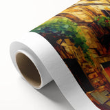 Vibrant rolled canvas showcasing a scenic landscape with winding roads and lush greenery, ideal for home decor, packaged securely in a protective cardboard tube.