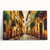 Stretched canvas showcasing a vibrant landscape road design, leaning against a wall, with rich colors and intricate details, perfect for modern home decor.