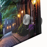 Close-up of a vibrant acrylic glass wall art piece showcasing a modern landscape design featuring winding roads and lush greenery, perfect for contemporary home decor.