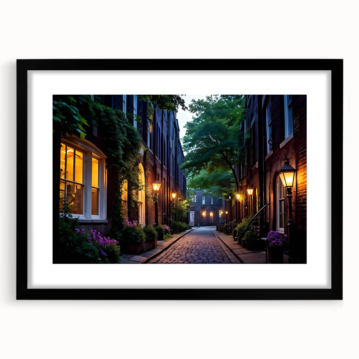 Black-framed wall art displaying a scenic landscape road design, showcasing vibrant colors and intricate details, perfect for modern home decor.