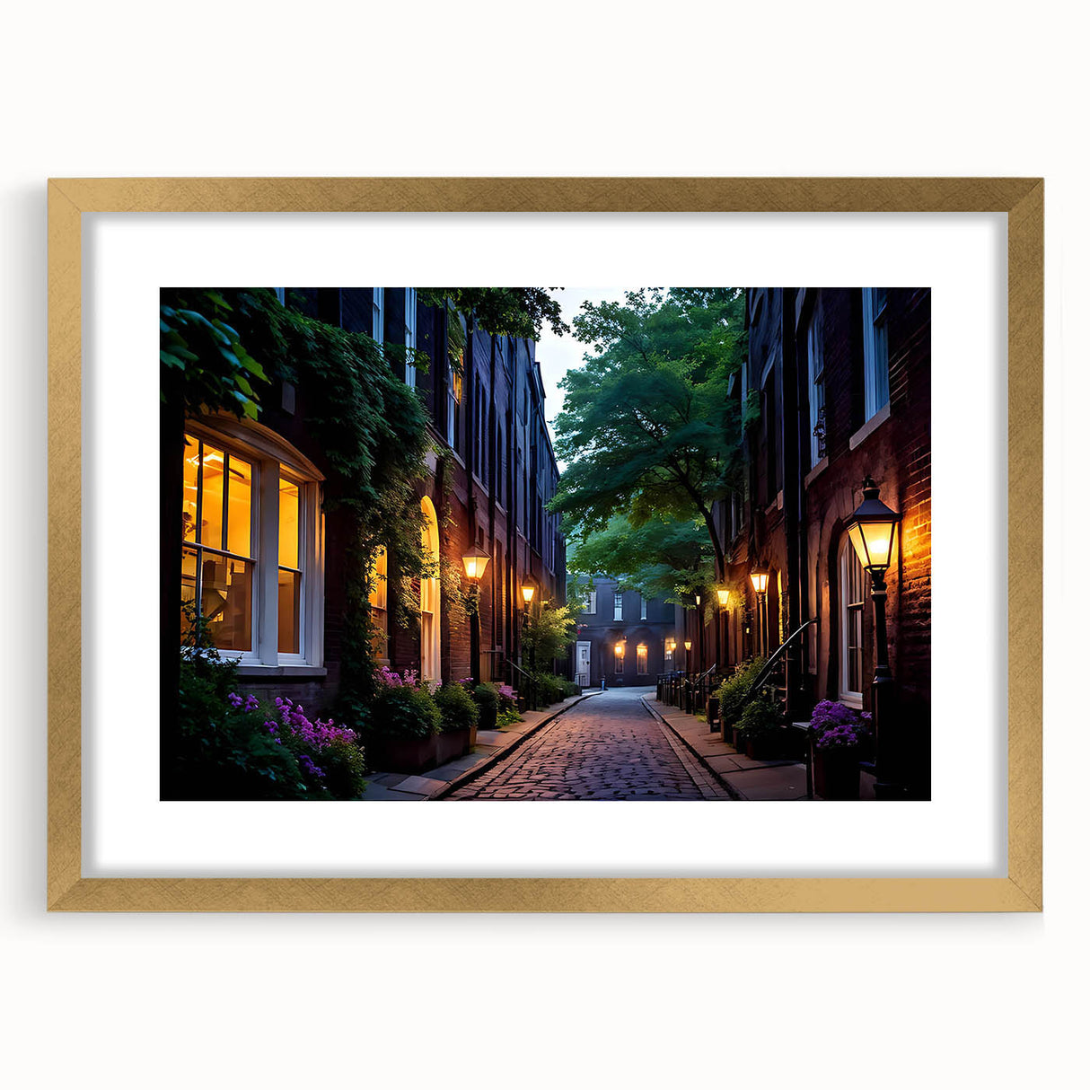 Framed wall art featuring a serene landscape road design with a gold mat, showcasing a calming nature scene ideal for home decor or office spaces.