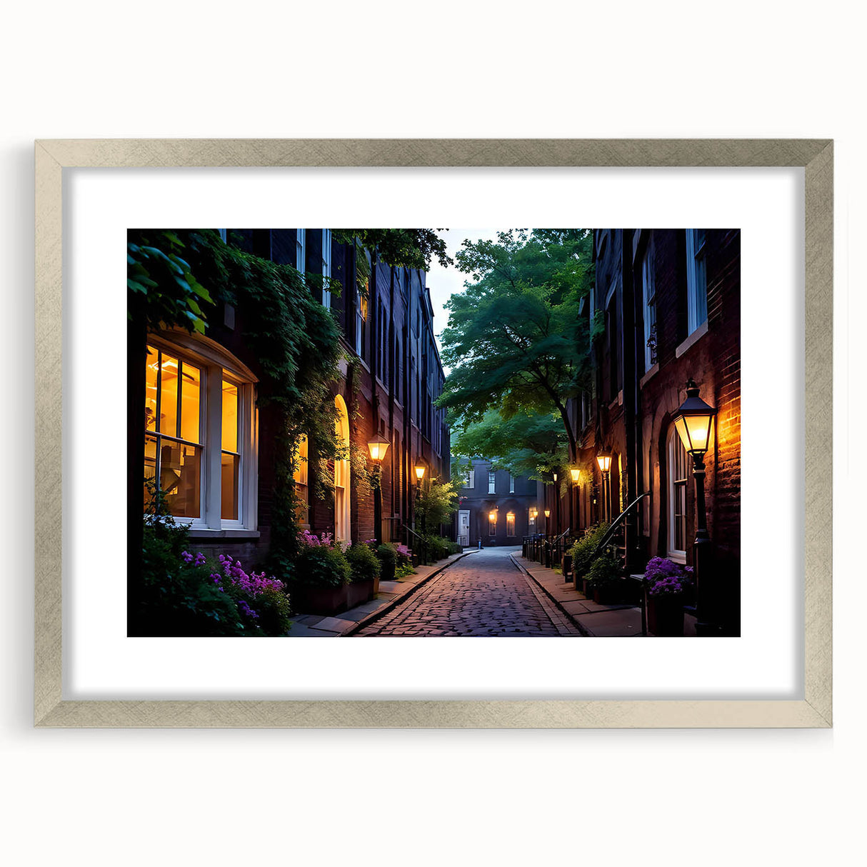Framed wall art featuring a serene landscape scene with winding roads, presented in a silver frame with a mat, enhancing any modern home decor.