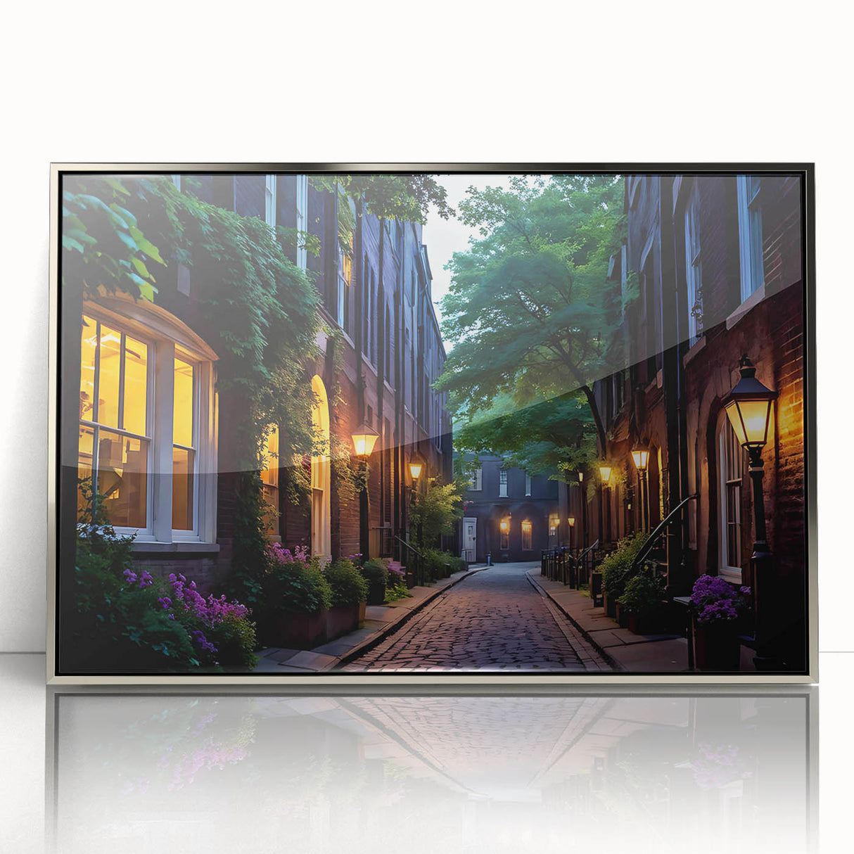 Framed acrylic wall art featuring a contemporary landscape design with winding roads, showcased in a sleek silver frame, ideal for modern home decor.