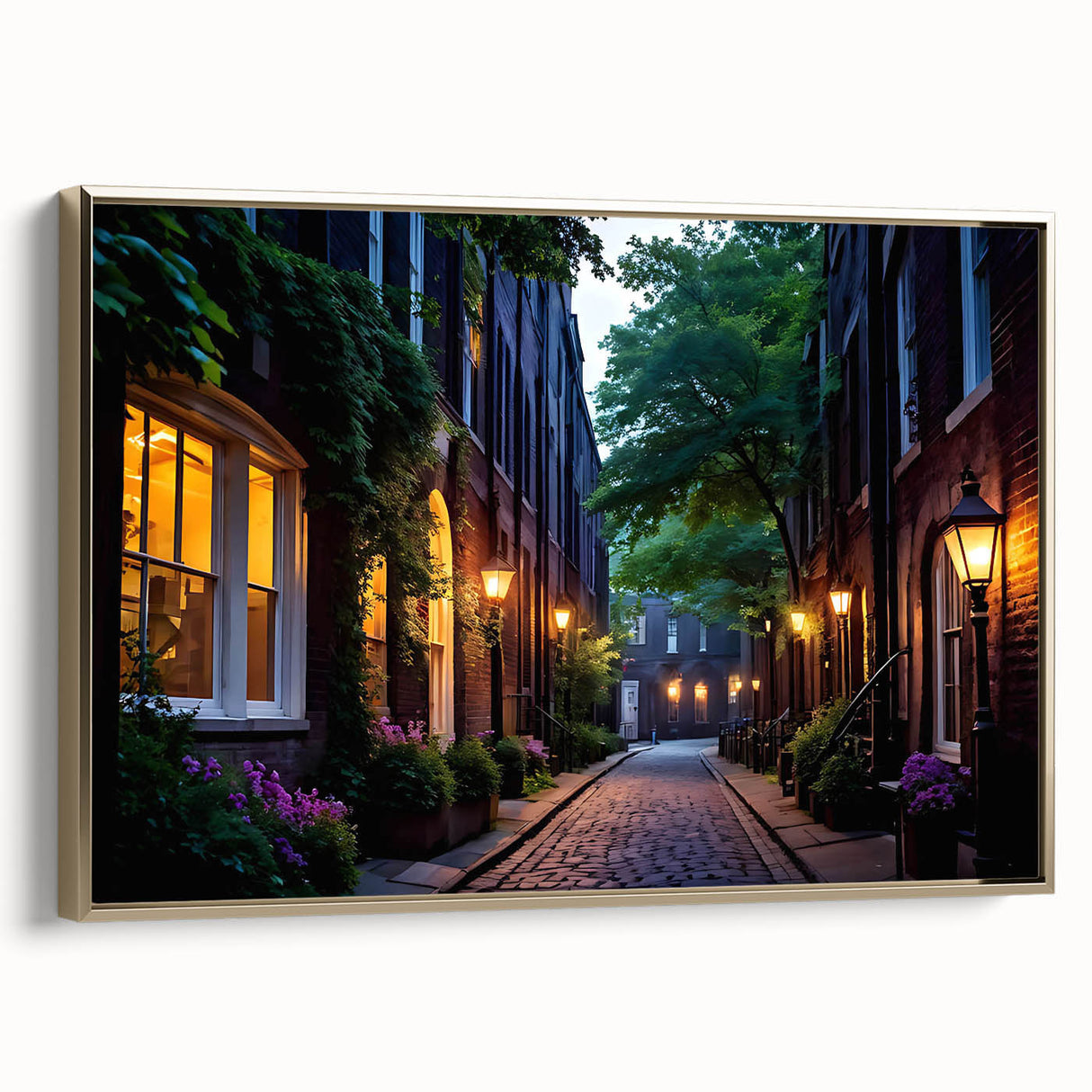 Framed canvas wall art featuring a scenic landscape with winding roads and lush greenery, highlighted by a gold frame, perfect for home decor.