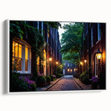 Framed canvas wall art showcasing a serene landscape with winding roads and lush greenery, presented from a side view against a white background, ideal for home decor.