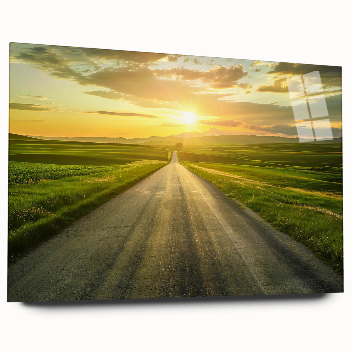 Acrylic glass wall art featuring a vibrant landscape road design, showcased from a side view, highlighting its sleek edges and vivid colors, perfect for modern decor.