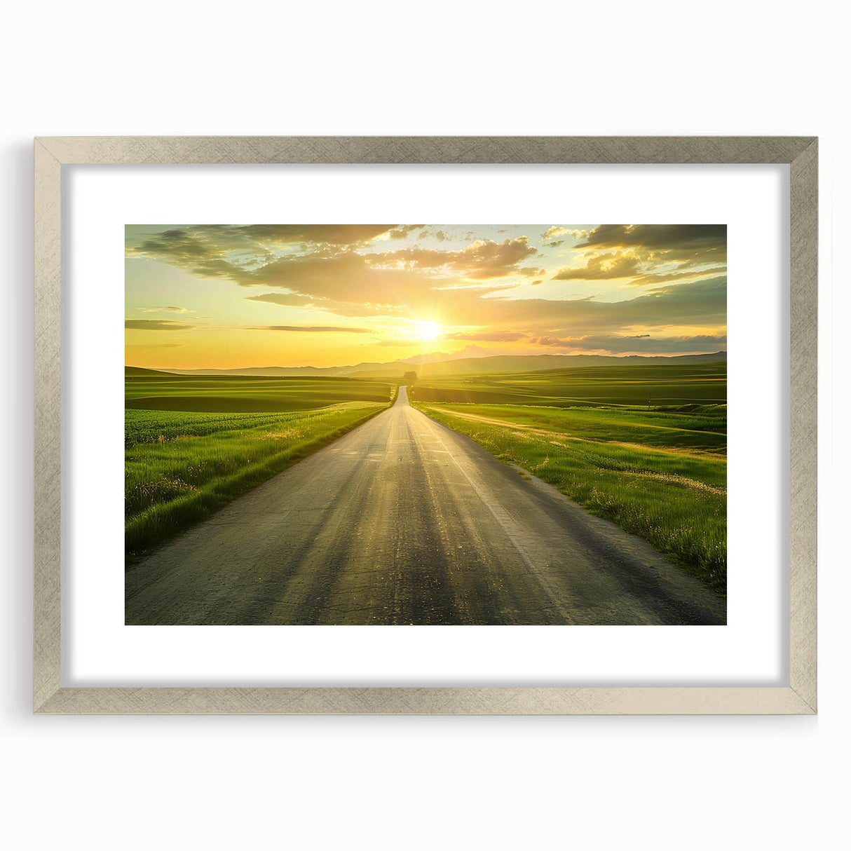 Framed wall art featuring a serene landscape road design in a silver mat, perfect for home decor, showcasing a blend of natural colors and artistic detail.