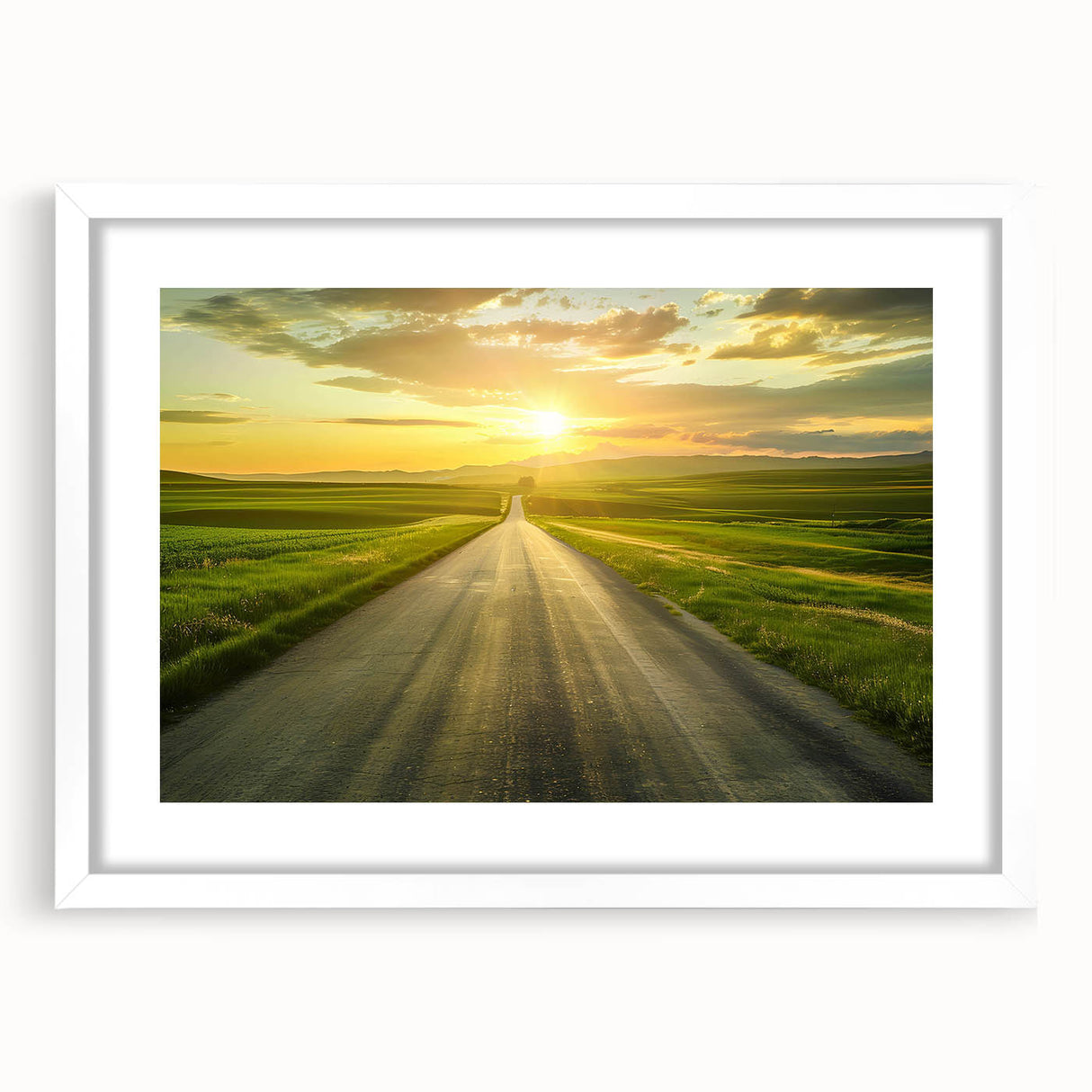 Framed wall art featuring a scenic landscape road design, elegantly matted in white, showcasing vibrant colors and intricate details, perfect for home decor.