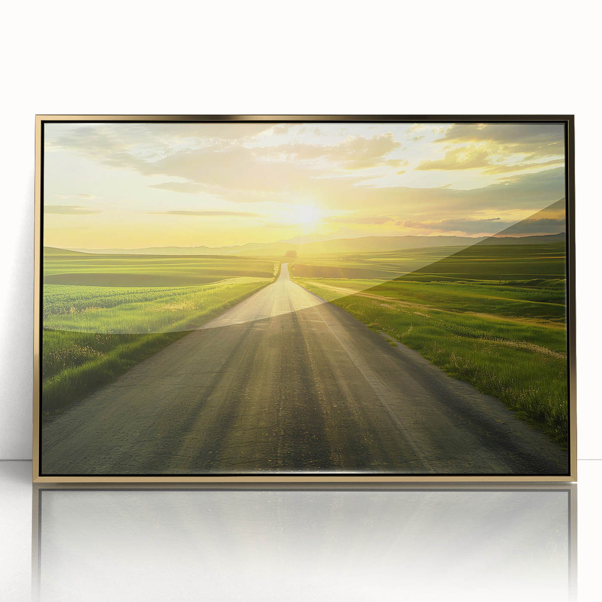 Framed acrylic wall art showcasing a stunning landscape road design with gold accents, perfect for modern home decor, adding elegance and depth to any space.