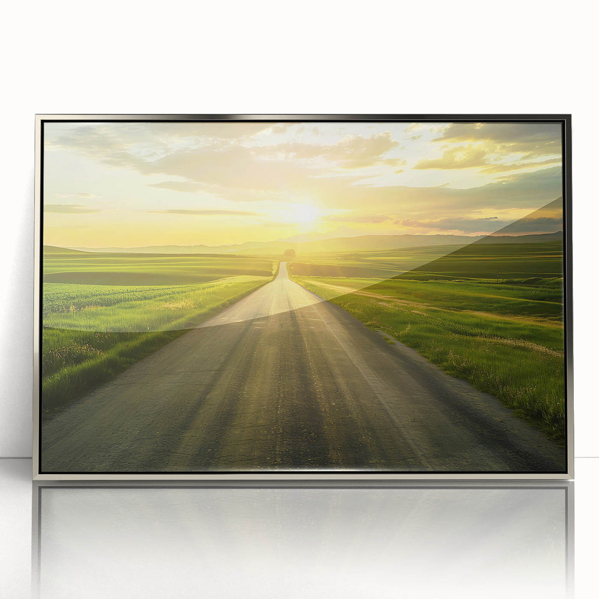 Framed acrylic wall art showcasing a contemporary silver landscape design, featuring winding roads and vibrant colors, ideal for modern home decor.