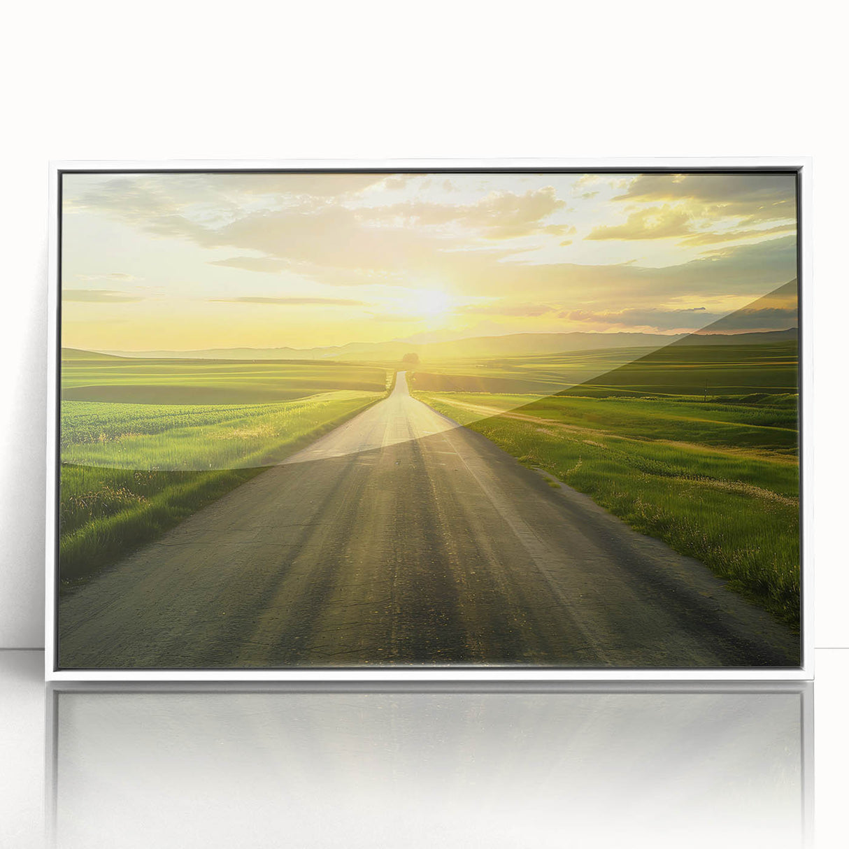 Framed acrylic wall art depicting a serene landscape with winding roads and lush greenery, showcased in a sleek white frame, ideal for modern decor.