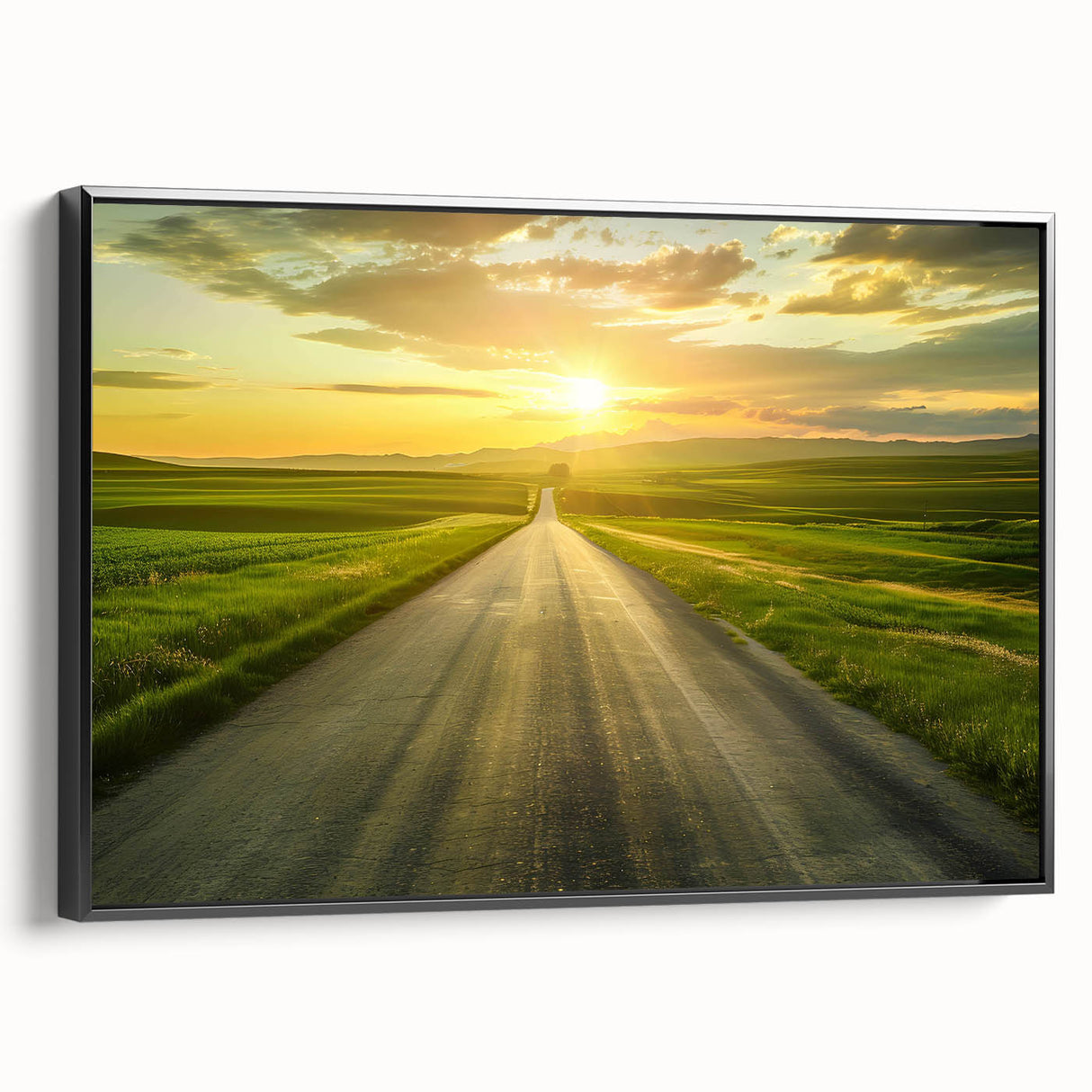 Framed canvas wall art featuring a serene landscape with winding roads, showcasing vibrant green hills and a clear blue sky, ideal for modern home decor.