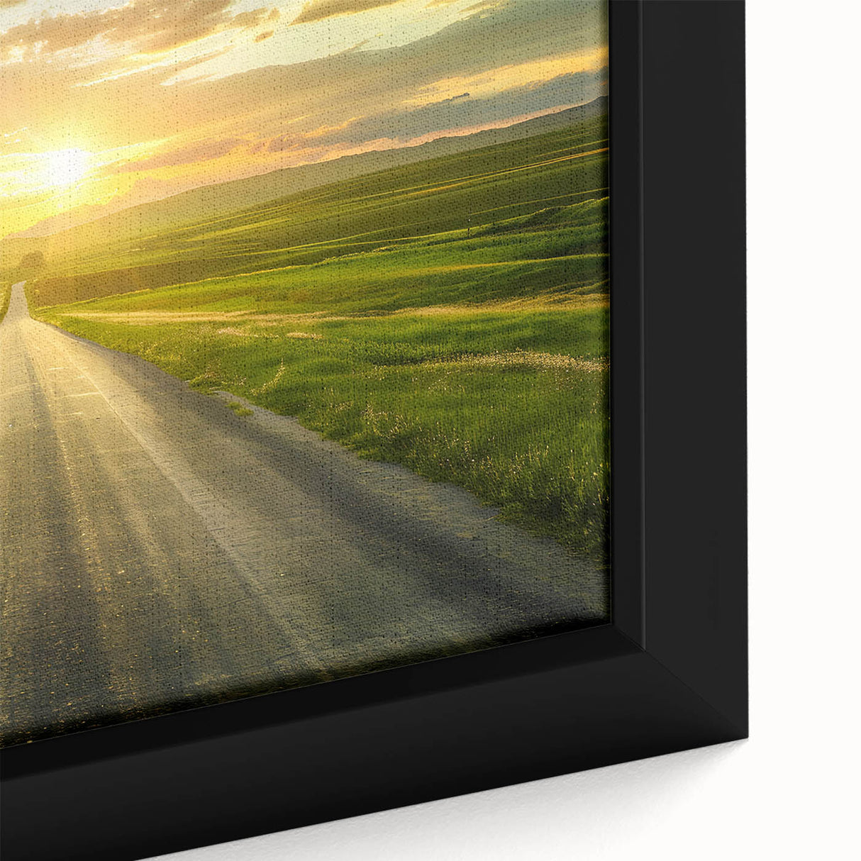 Close-up of a framed canvas wall art piece showcasing a vibrant landscape design with winding roads, featuring rich colors and intricate details, perfect for home decor.