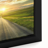 Close-up of a framed canvas wall art piece showcasing a vibrant landscape design with winding roads, featuring rich colors and intricate details, perfect for home decor.