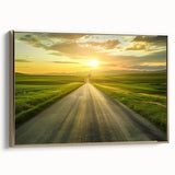 Framed canvas wall art showcasing a serene landscape with winding roads and lush greenery, accented by a sophisticated gold frame, ideal for modern home decor.