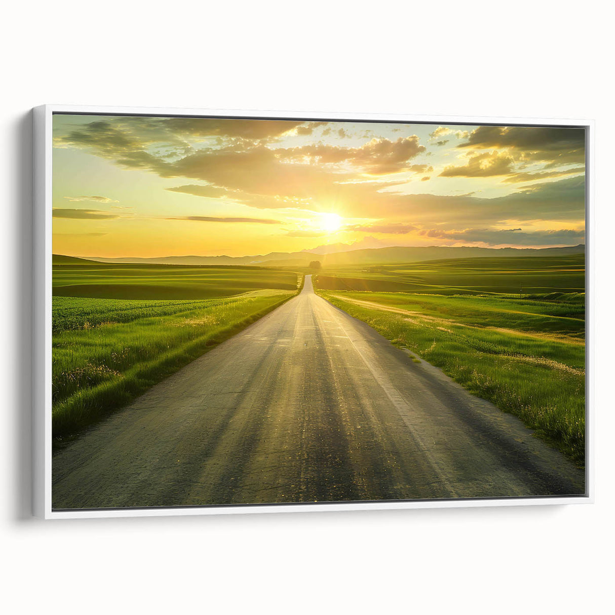 Framed canvas wall art showcasing a serene landscape with winding roads and lush greenery, set against a white background, perfect for modern home decor.