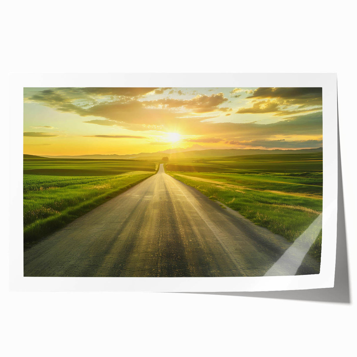 Rolled print of a vibrant landscape road design featuring a winding path through lush greenery, ideal for modern home decor. Packaged securely in a protective tube for easy display.