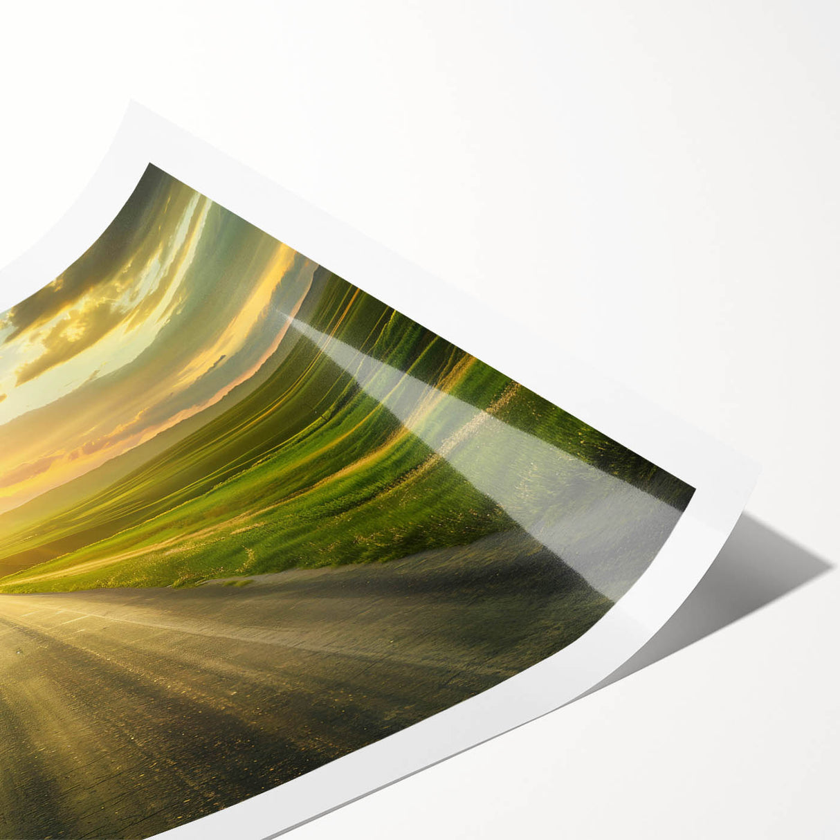 Vibrant rolled print of a landscape featuring winding roads and lush greenery, perfect for home decor, presented in a protective cardboard tube for easy storage.