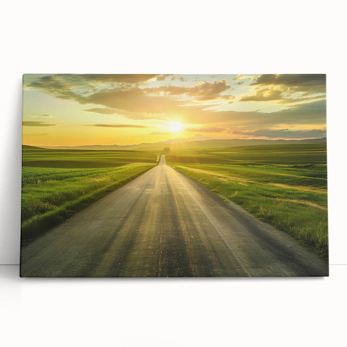 Stretched canvas artwork depicting a vibrant abstract landscape with winding roads and colorful scenery, perfect for modern home decor.