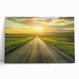 Stretched canvas artwork depicting a vibrant abstract landscape with winding roads and colorful scenery, perfect for modern home decor.