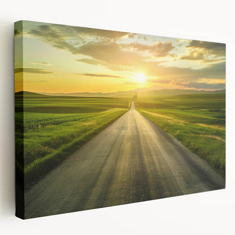 Stretched canvas wall art showcasing a vibrant landscape with winding roads and lush greenery, perfect for enhancing home decor and creating a serene atmosphere.