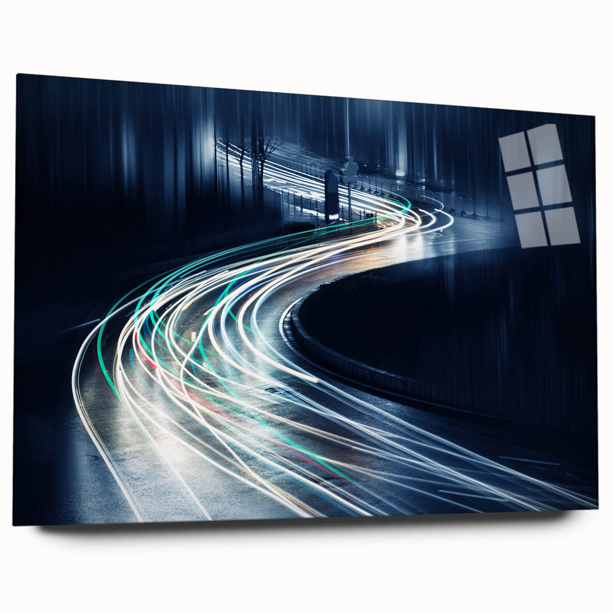 Side view of a contemporary acrylic wall art piece featuring a vibrant landscape design with roads, ideal for modern home decor. The artwork enhances any interior space with its colorful details and glossy finish.