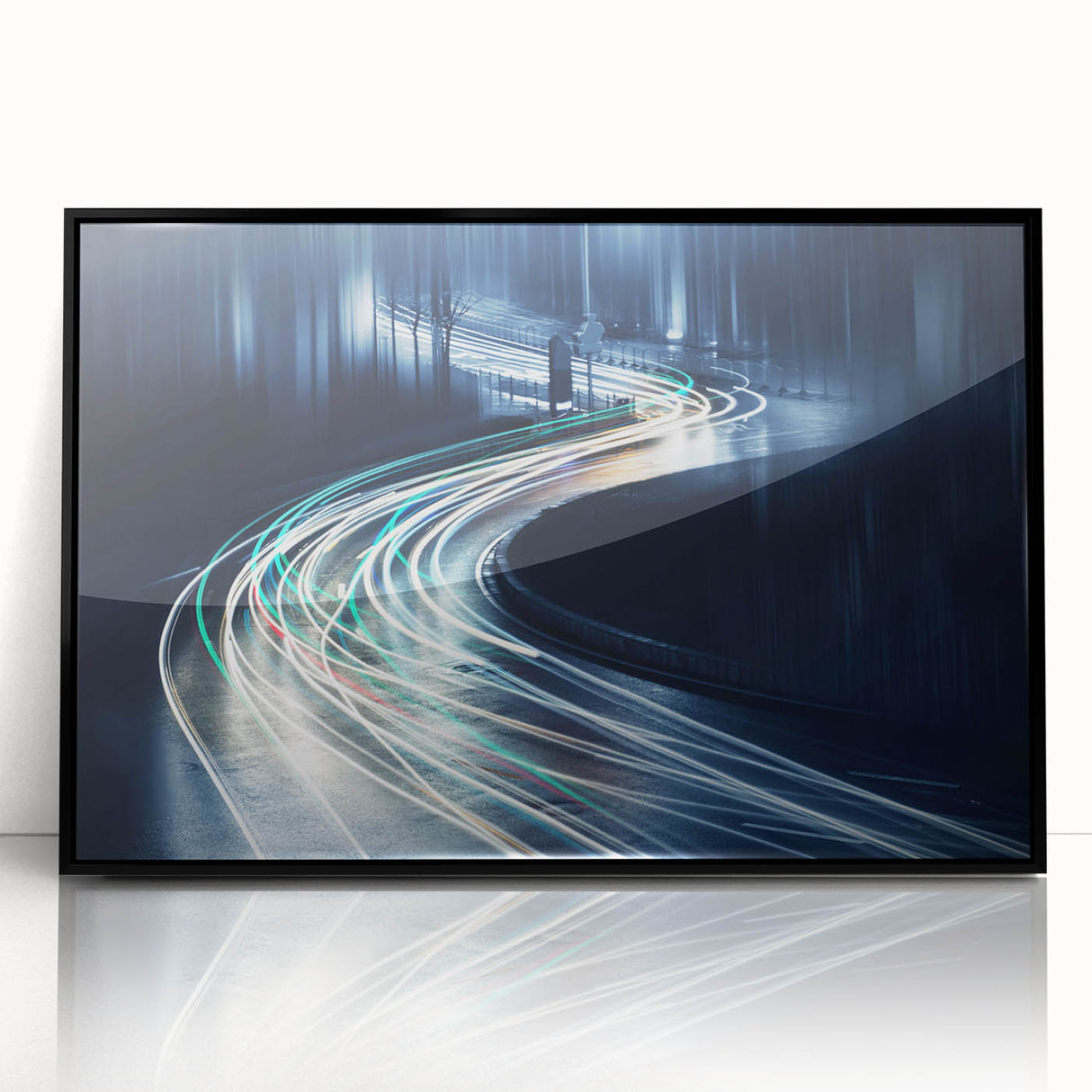 Framed acrylic wall art featuring a modern landscape design with vibrant colors, set against a sleek black frame, ideal for contemporary home décor.