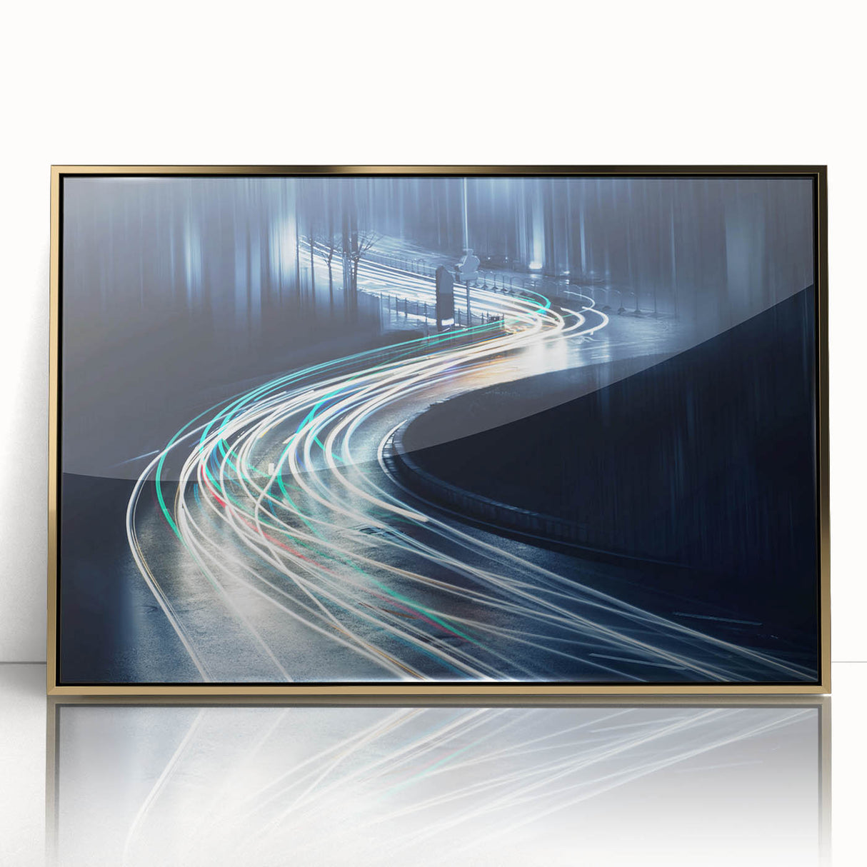 Framed acrylic wall art depicting a modern landscape with winding roads, featuring gold accents and a sleek design, ideal for enhancing contemporary decor.