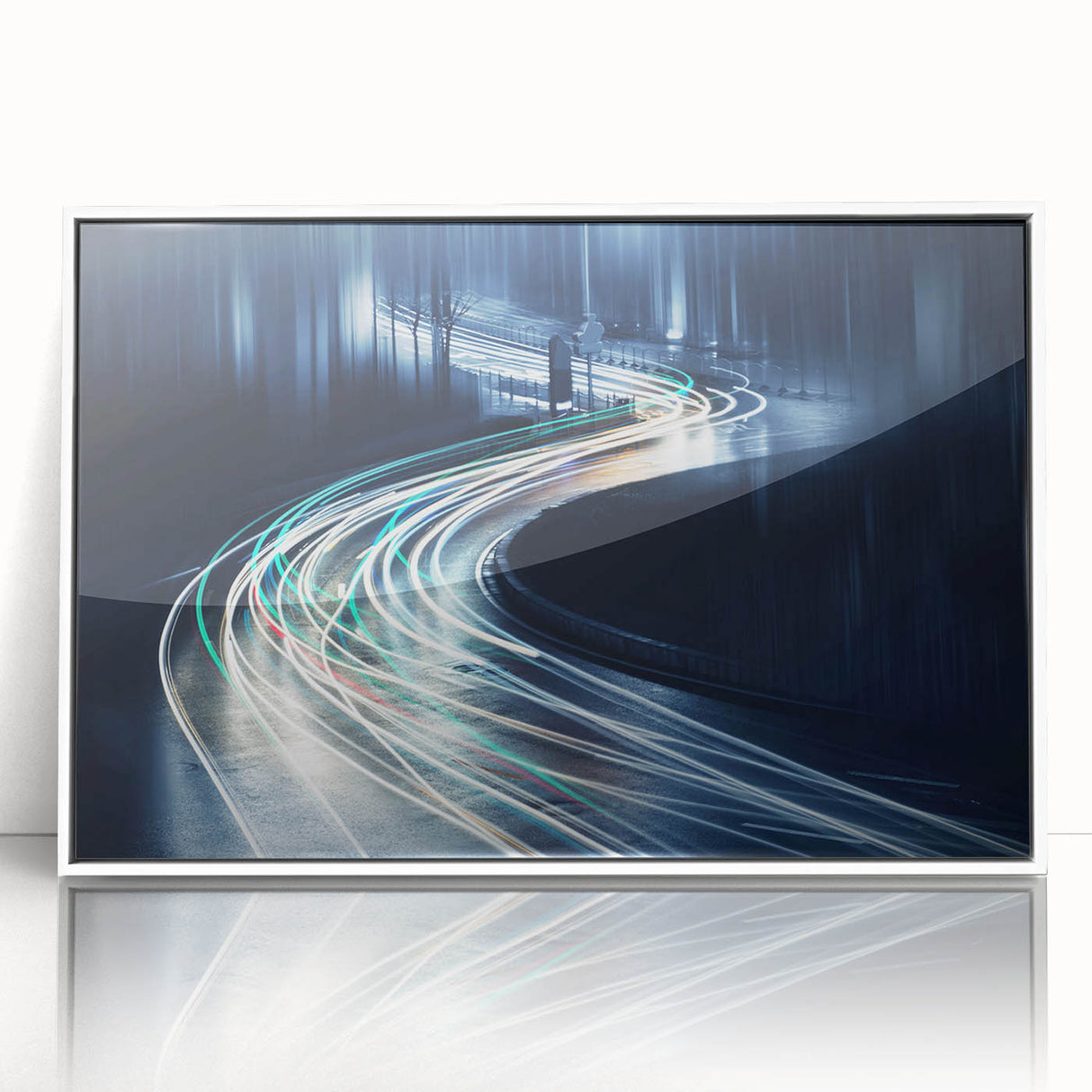 Framed acrylic wall art showcasing a scenic landscape road design, featuring vibrant colors and a modern white frame, perfect for home decor enhancement.