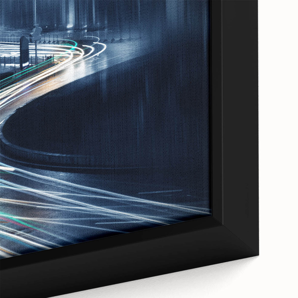 Close-up of a framed canvas artwork depicting a serene landscape road scene, featuring vibrant colors and intricate details, perfect for home decor enhancement.