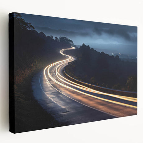 Stretched canvas wall art showcasing a serene landscape with winding roads, rich green fields, and a vibrant blue sky, ideal for home decor.